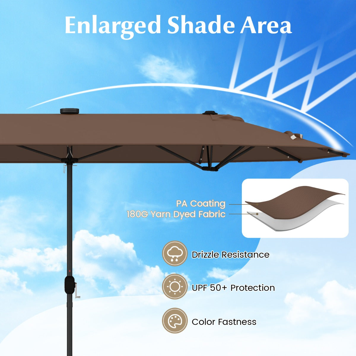 LIVSK Dubbele Tuinparasol - 400 x 210 cm - 36 LED-lampen - Robuust Frame - Eenvoudige Bediening - Bruin