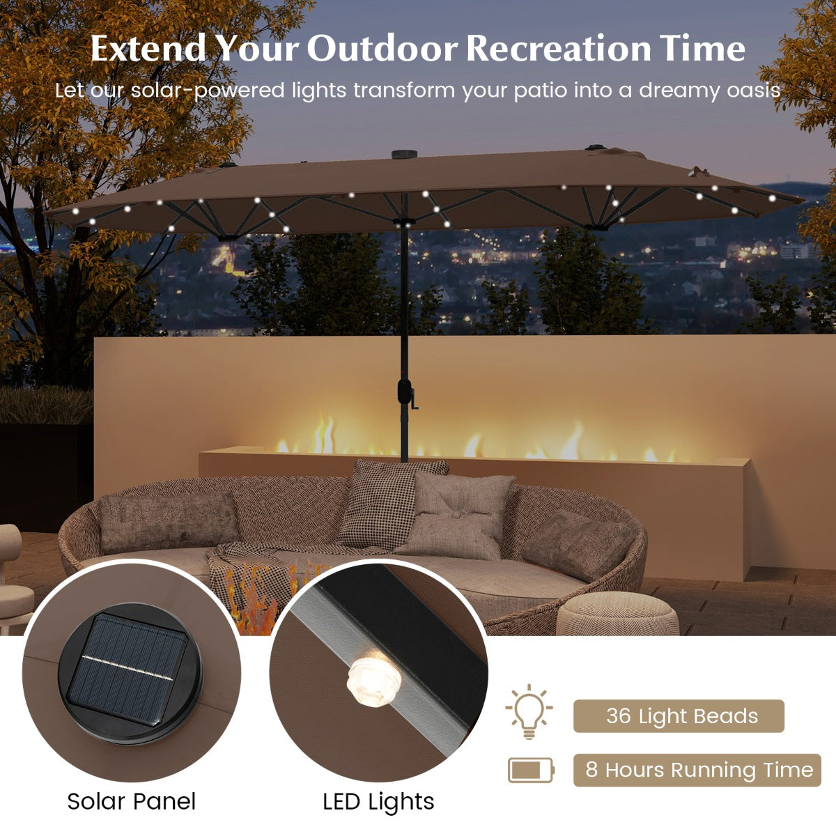 LIVSK Dubbele Tuinparasol - 400 x 210 cm - 36 LED-lampen - Robuust Frame - Eenvoudige Bediening - Bruin