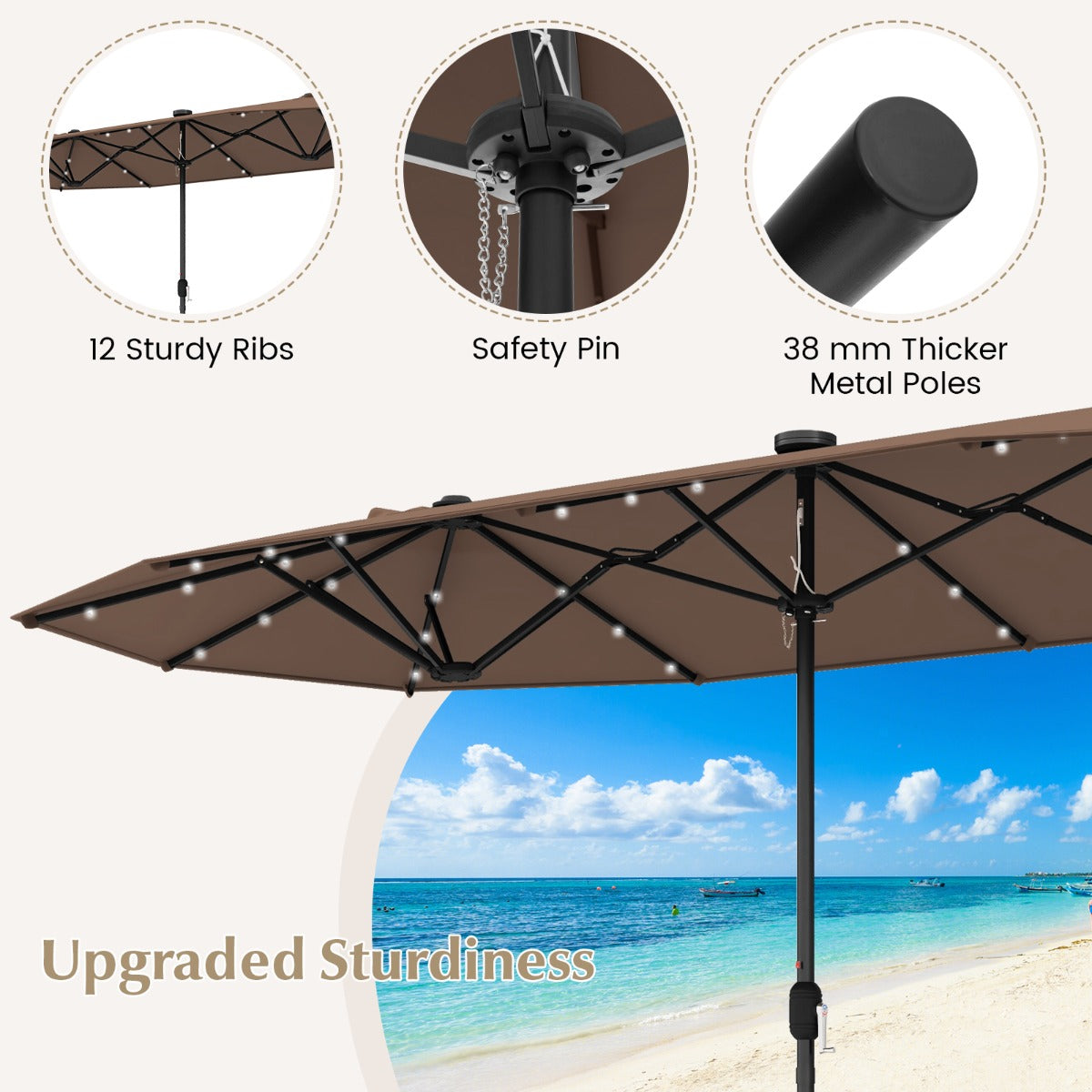 LIVSK Dubbele Tuinparasol - 400 x 210 cm - 36 LED-lampen - Robuust Frame - Eenvoudige Bediening - Bruin