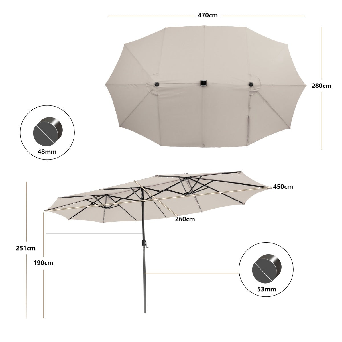LIVSK Dubbelzijdige Terrasparasol - 470 x 280 cm - 48 LED-Lampjes - Zwengelmechanisme - Stevig Polyester - Beige