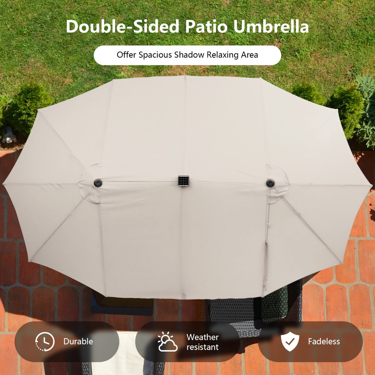 LIVSK Dubbelzijdige Terrasparasol - 470 x 280 cm - 48 LED-Lampjes - Zwengelmechanisme - Stevig Polyester - Beige
