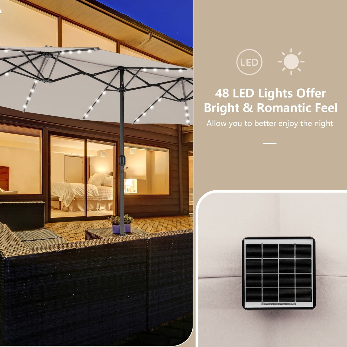 LIVSK Dubbelzijdige Terrasparasol - 470 x 280 cm - 48 LED-Lampjes - Zwengelmechanisme - Stevig Polyester - Beige