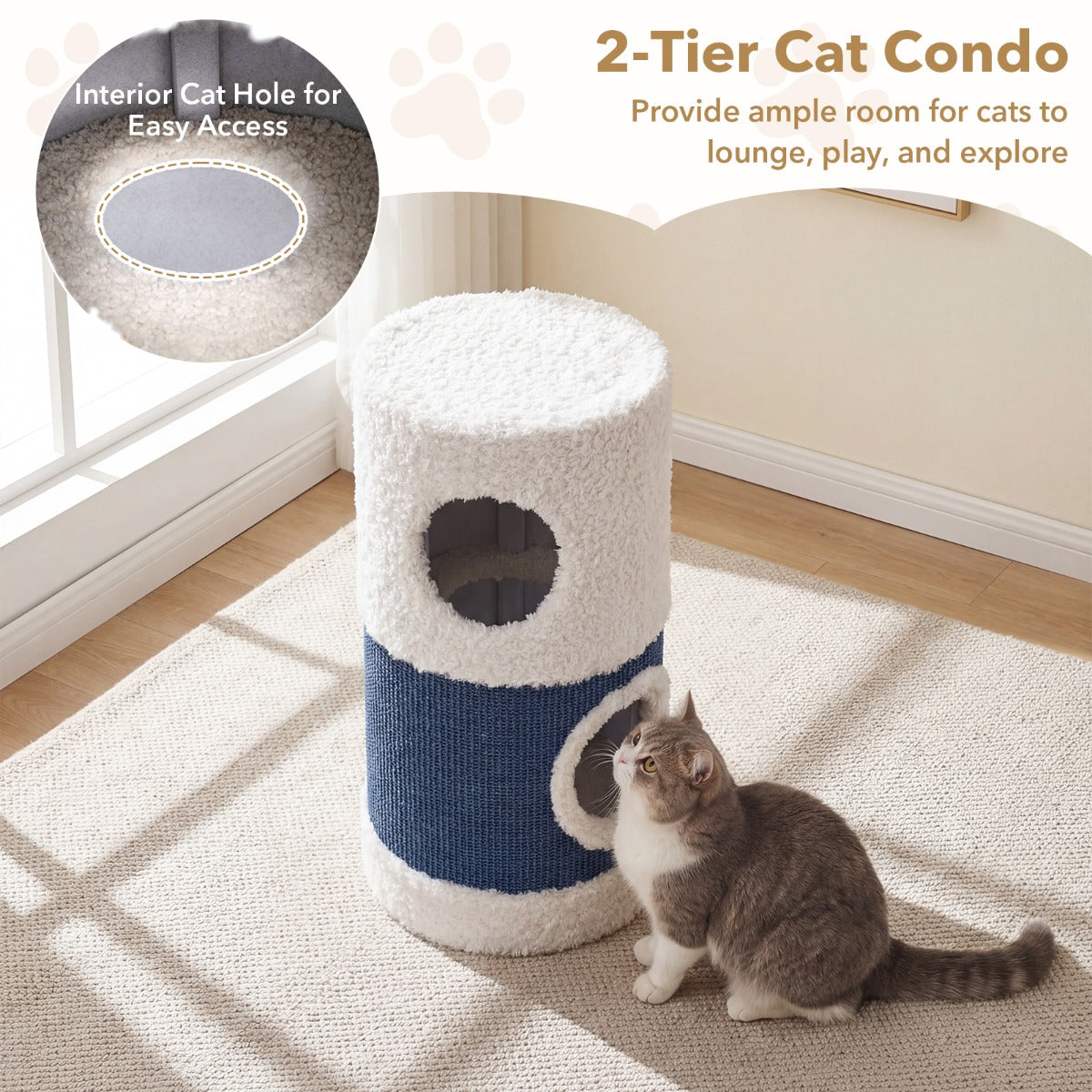 LIVSK Eendvormig Kattenhuis - 2 Verdiepingen - Hoogwaardig Hout - Sisal Krabmat - Ruimtebesparend - Wit + Blauw