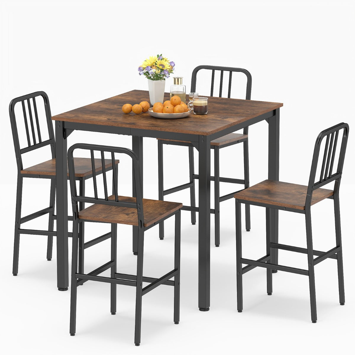 LIVSK Eethoek met 4 Barkrukken - Ruim Tafelblad 90x90cm - Ergonomische Krukken - Stevig Metaal en Hout - Goud en Wit/Rustiek
