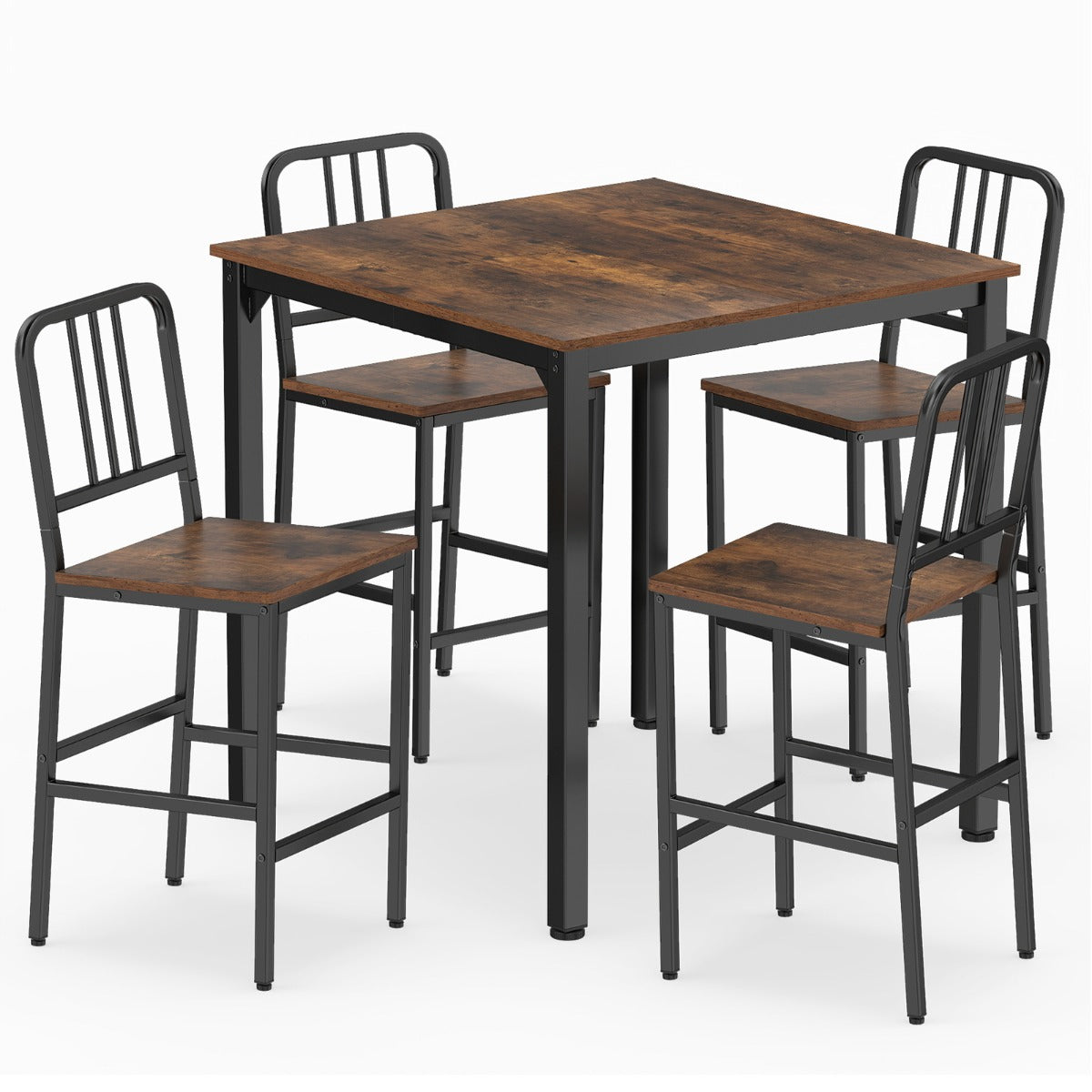 LIVSK Eethoek met 4 Barkrukken - Ruim Tafelblad 90x90cm - Ergonomische Krukken - Stevig Metaal en Hout - Goud en Wit/Rustiek