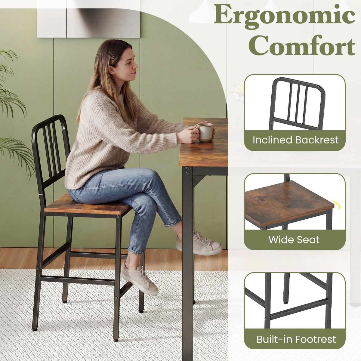 LIVSK Eethoek met 4 Barkrukken - Ruim Tafelblad 90x90cm - Ergonomische Krukken - Stevig Metaal en Hout - Goud en Wit/Rustiek