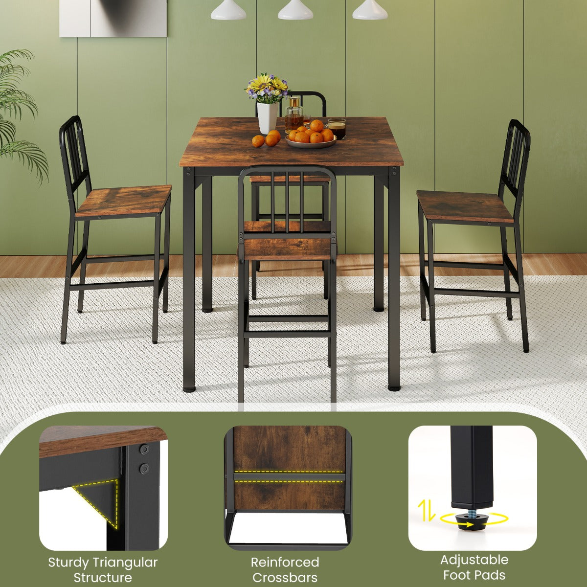 LIVSK Eethoek met 4 Barkrukken - Ruim Tafelblad 90x90cm - Ergonomische Krukken - Stevig Metaal en Hout - Goud en Wit/Rustiek