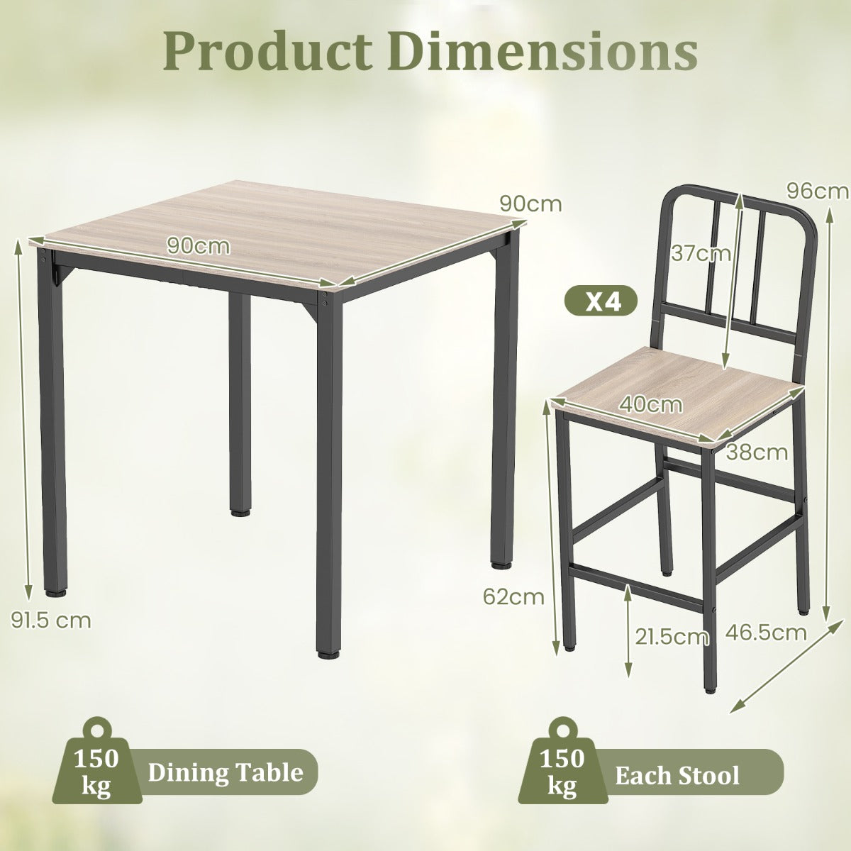LIVSK Eethoek met 4 Barkrukken - Ruimtebesparend - Ergonomisch Comfort - Stevig Metaal en Hout - Goud en Wit / Grijs en Zwart /