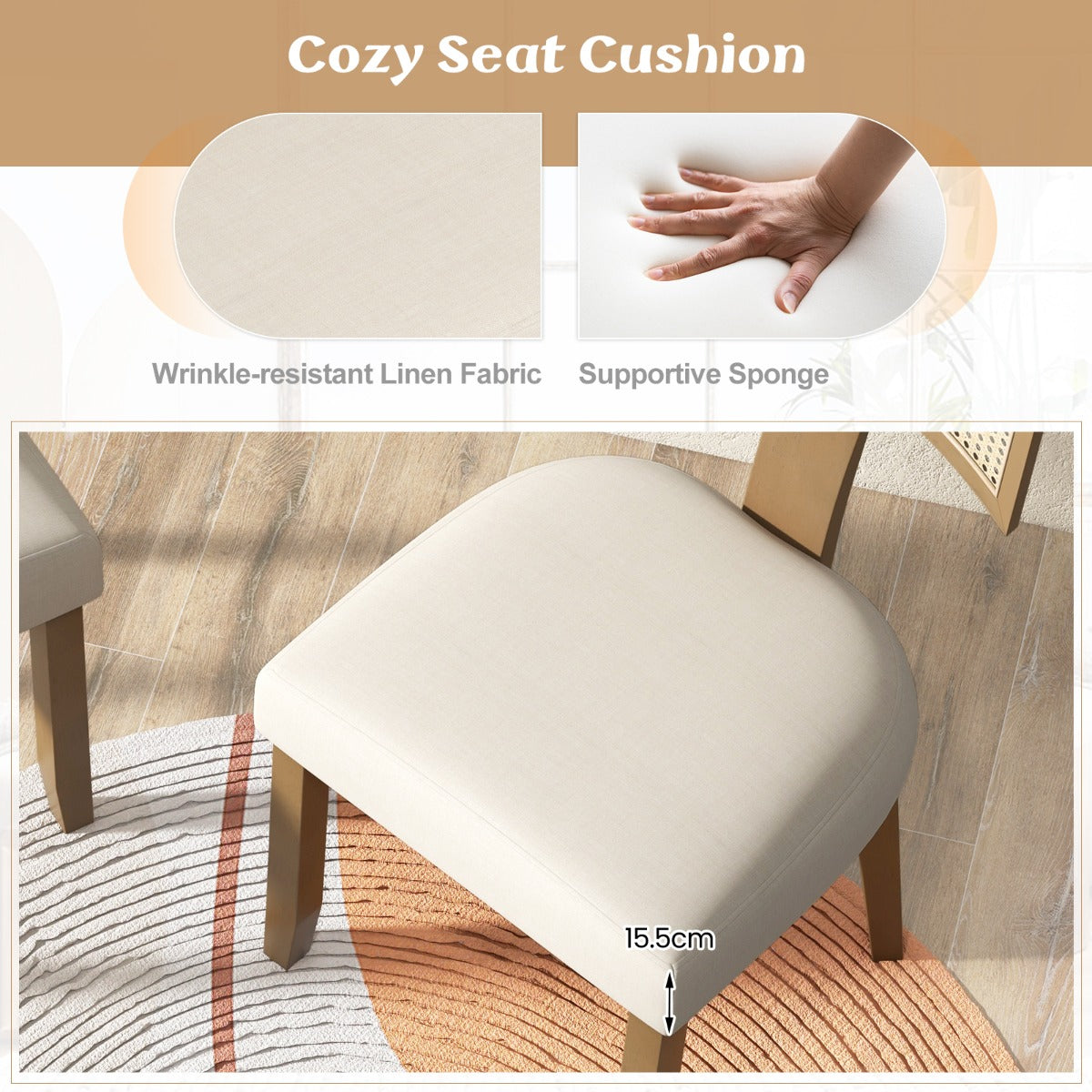 LIVSK Eetkamerstoel - Massief Houten Frame - Handgeweven Rotan Rugleuning - Ergonomische Zitting - Beige