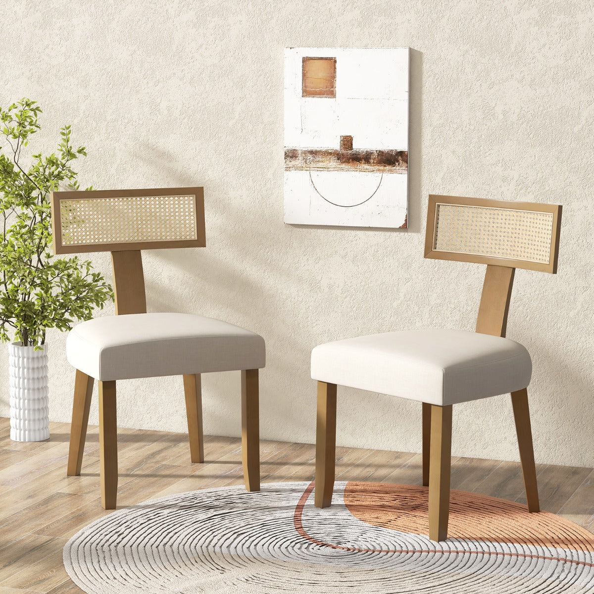 LIVSK Eetkamerstoel - Massief Houten Frame - Handgeweven Rotan Rugleuning - Ergonomische Zitting - Beige