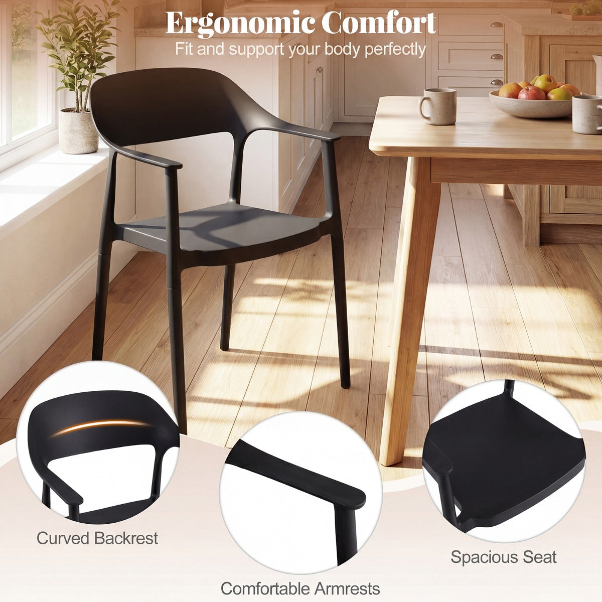 LIVSK Eetkamerstoel - Weerbestendig PP-materiaal - Ergonomisch Comfort - Ruimtebesparend Stapelbaar - Zwart/Wit