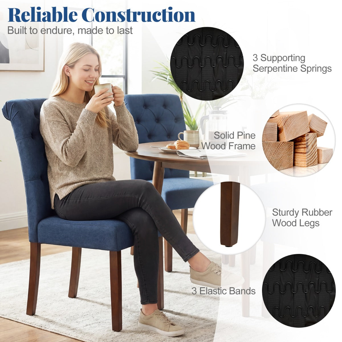LIVSK Eetkamerstoelen Set van 2 - Ergonomisch Ontwerp - Hoogwaardige Vulling - Robuust Grenenhouten Frame - Blauw/Grijs