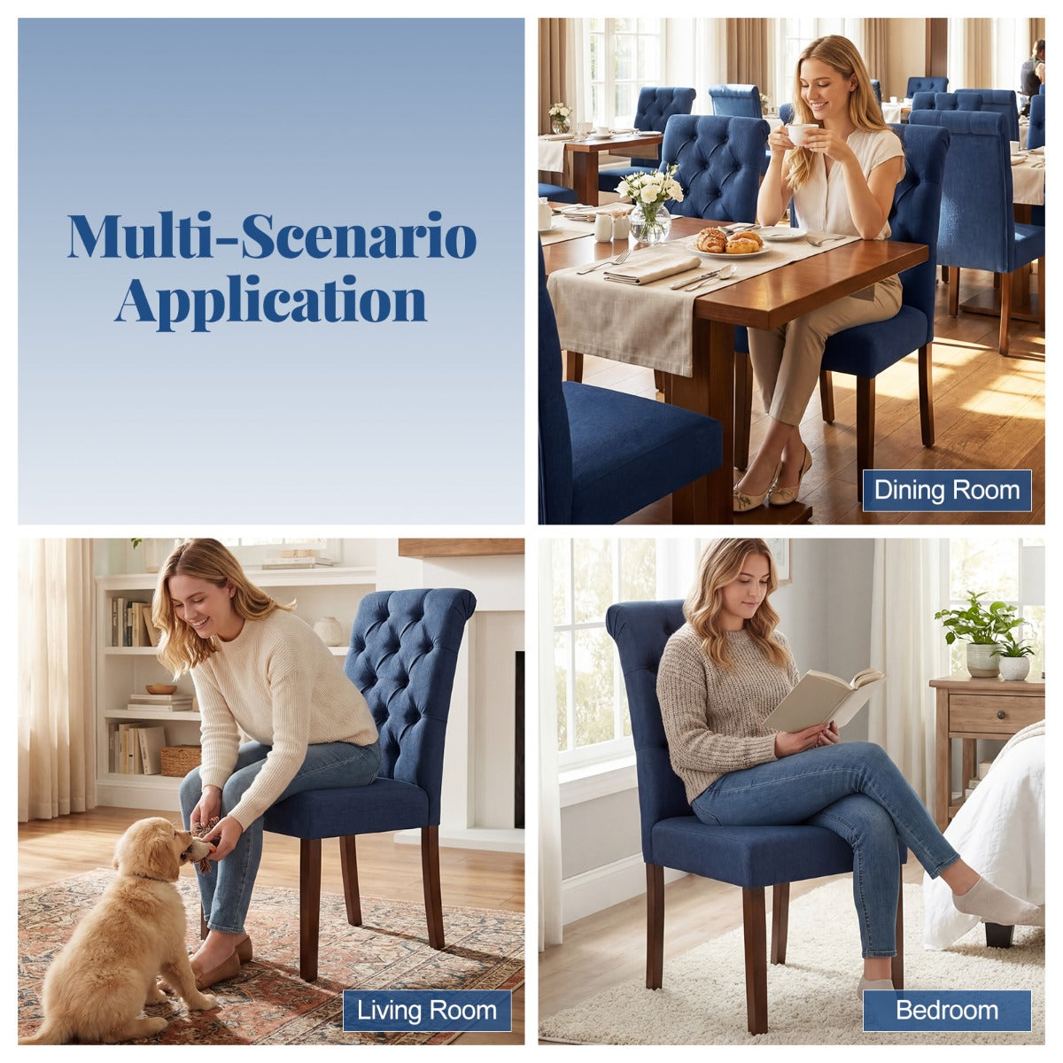 LIVSK Eetkamerstoelen Set van 2 - Ergonomisch Ontwerp - Hoogwaardige Vulling - Robuust Grenenhouten Frame - Blauw/Grijs