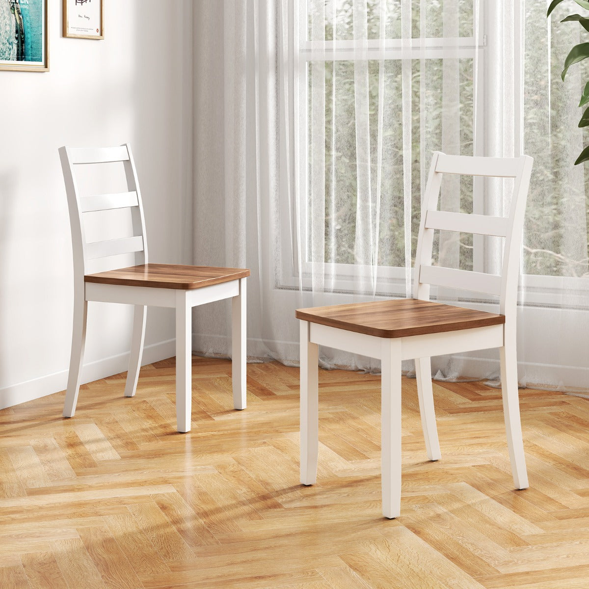 LIVSK Eetkamerstoelen Set van 2 - Rubberhout - Ergonomische Rugleuning - Rustieke Uitstraling - Wit + Naturel