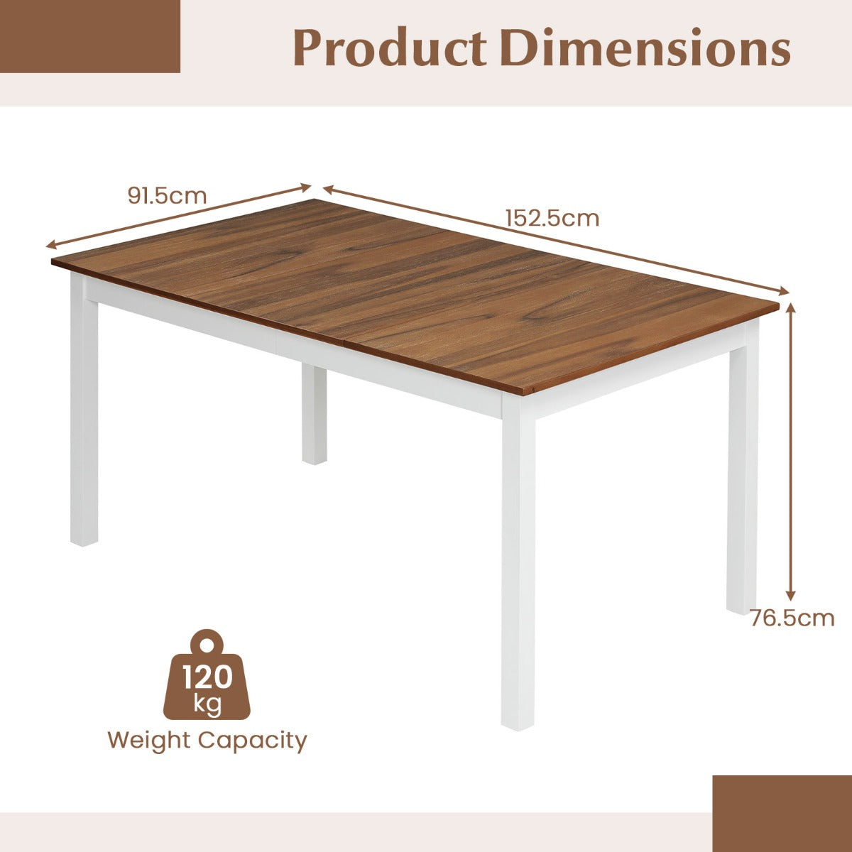 LIVSK Eettafel voor 6 Personen - Massieve Rubberhouten Poten - Ruim Tafelblad 152,5 x 91,5 cm - Robuuste Constructie - Bruin + Wit
