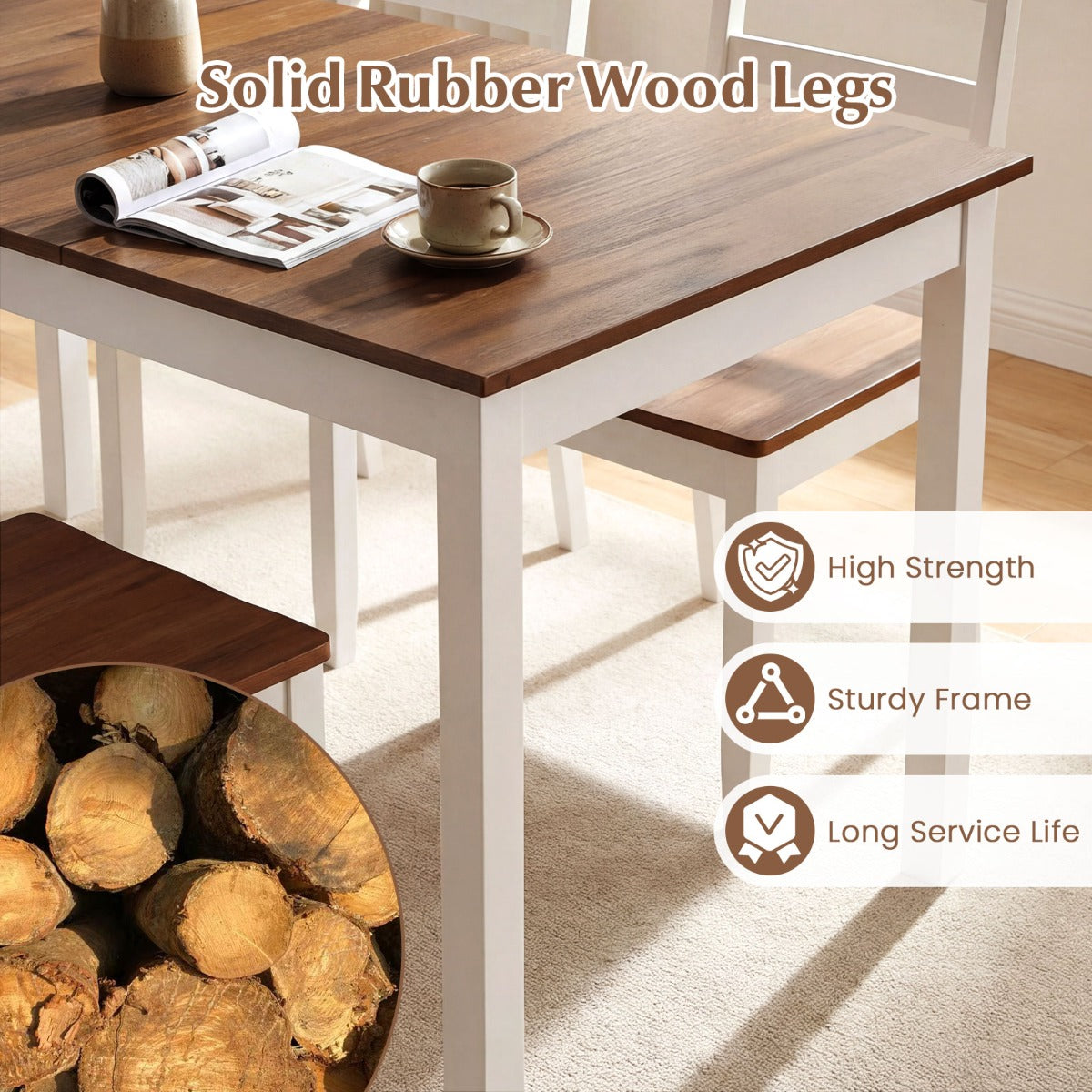 LIVSK Eettafel voor 6 Personen - Massieve Rubberhouten Poten - Ruim Tafelblad 152,5 x 91,5 cm - Robuuste Constructie - Bruin + Wit