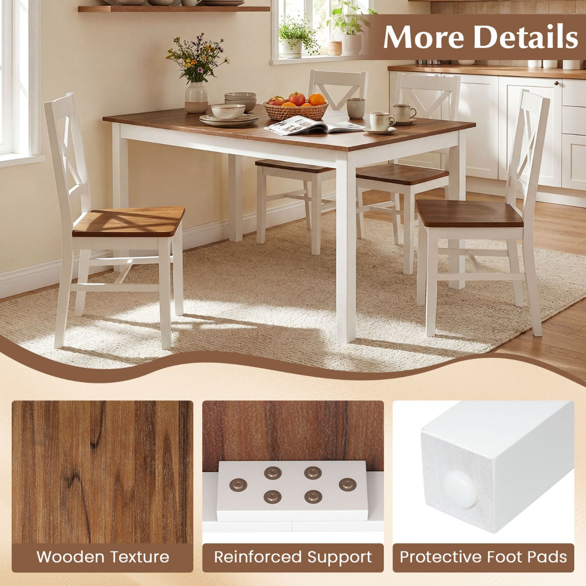 LIVSK Eettafel voor 6 Personen - Massieve Rubberhouten Poten - Ruim Tafelblad 152,5 x 91,5 cm - Robuuste Constructie - Bruin + Wit