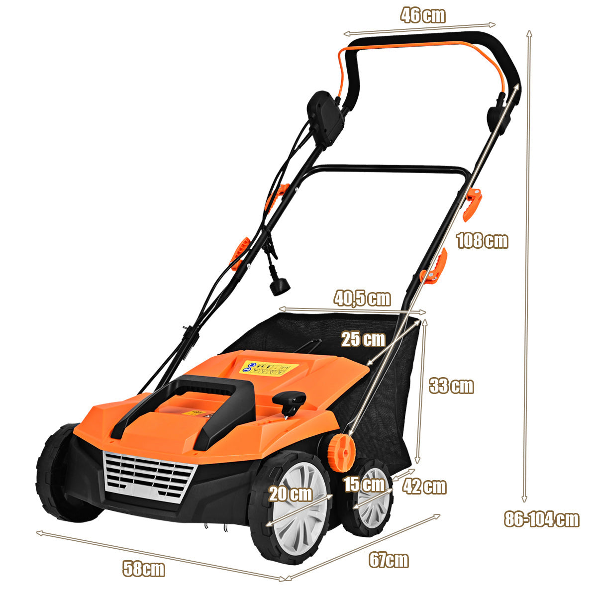 LIVSK Elektrische Gras Verticuteermachine - 2-in-1 Functie - Verstelbare Hoogte-instelling - 45L Opvangzak - Oranje