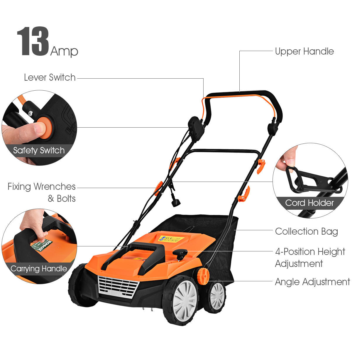 LIVSK Elektrische Gras Verticuteermachine - 2-in-1 Functie - Verstelbare Hoogte-instelling - 45L Opvangzak - Oranje