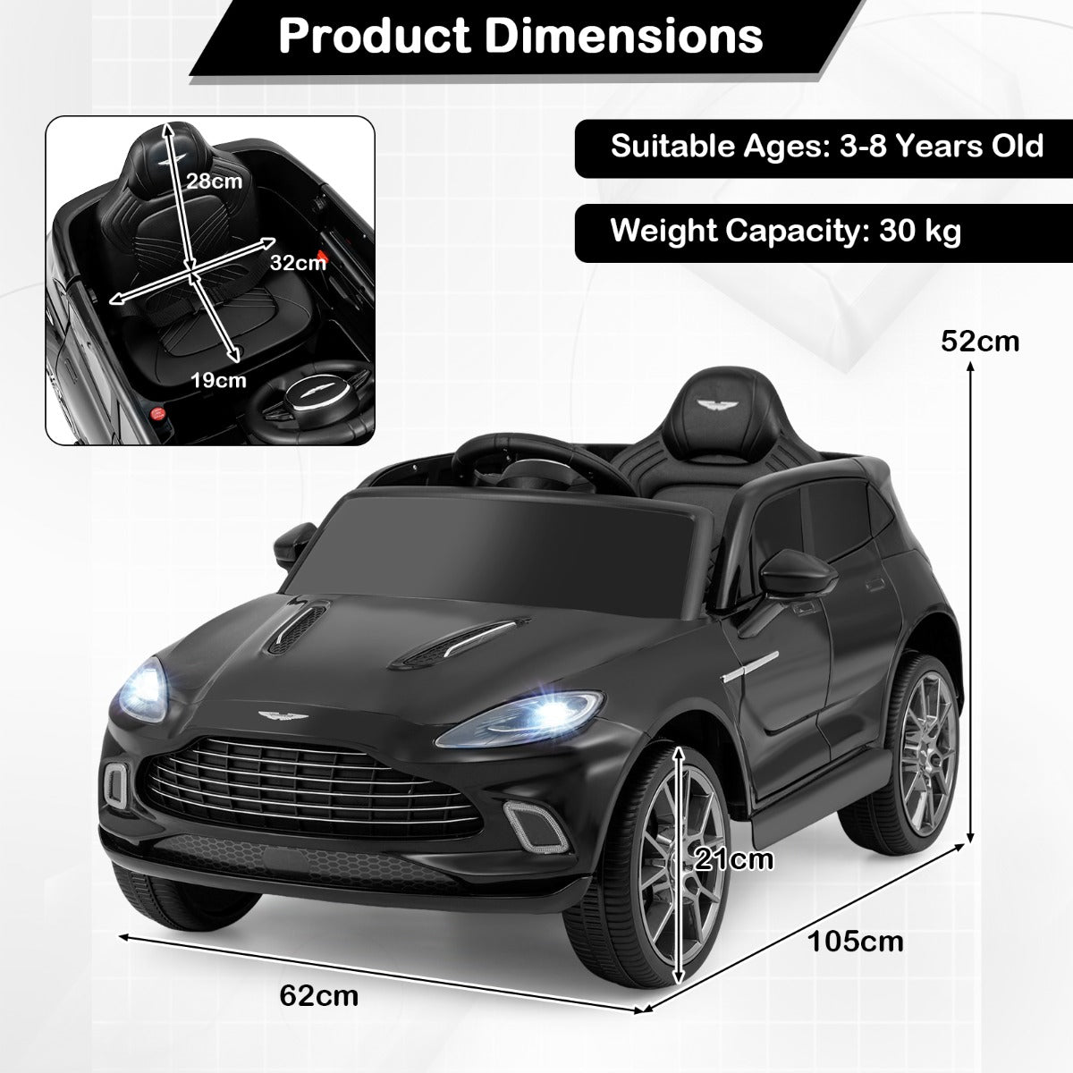 LIVSK Elektrische Kinderauto - Aston Martin Licentie - 12V Accu - Afstandsbediening - Muzieksysteem - Zwart