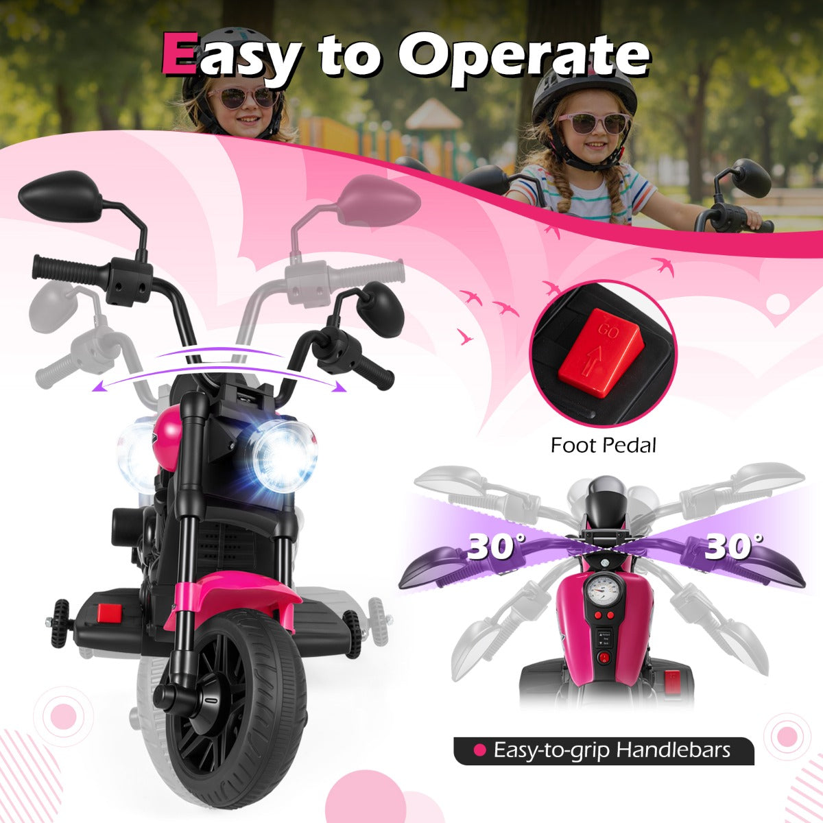 LIVSK Elektrische Kindermotorfiets - Eenvoudige Bediening - LED Koplampen - Duurzaam PP en Metaal - Wit/Roze/Marineblauw