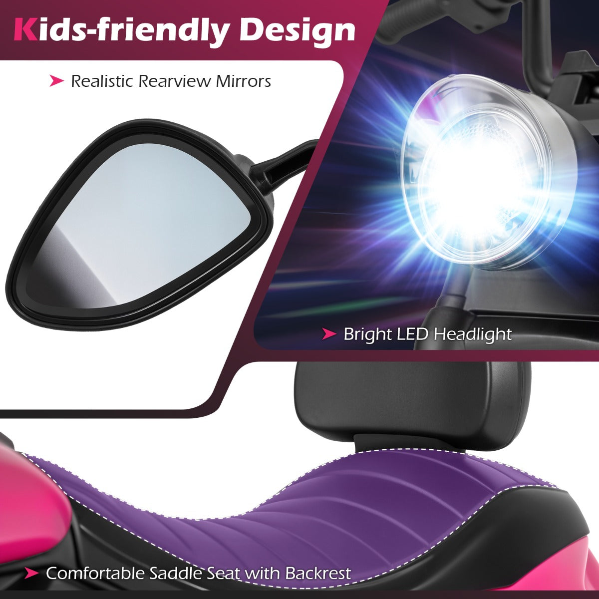 LIVSK Elektrische Kindermotorfiets - Eenvoudige Bediening - LED Koplampen - Duurzaam PP en Metaal - Wit/Roze/Marineblauw