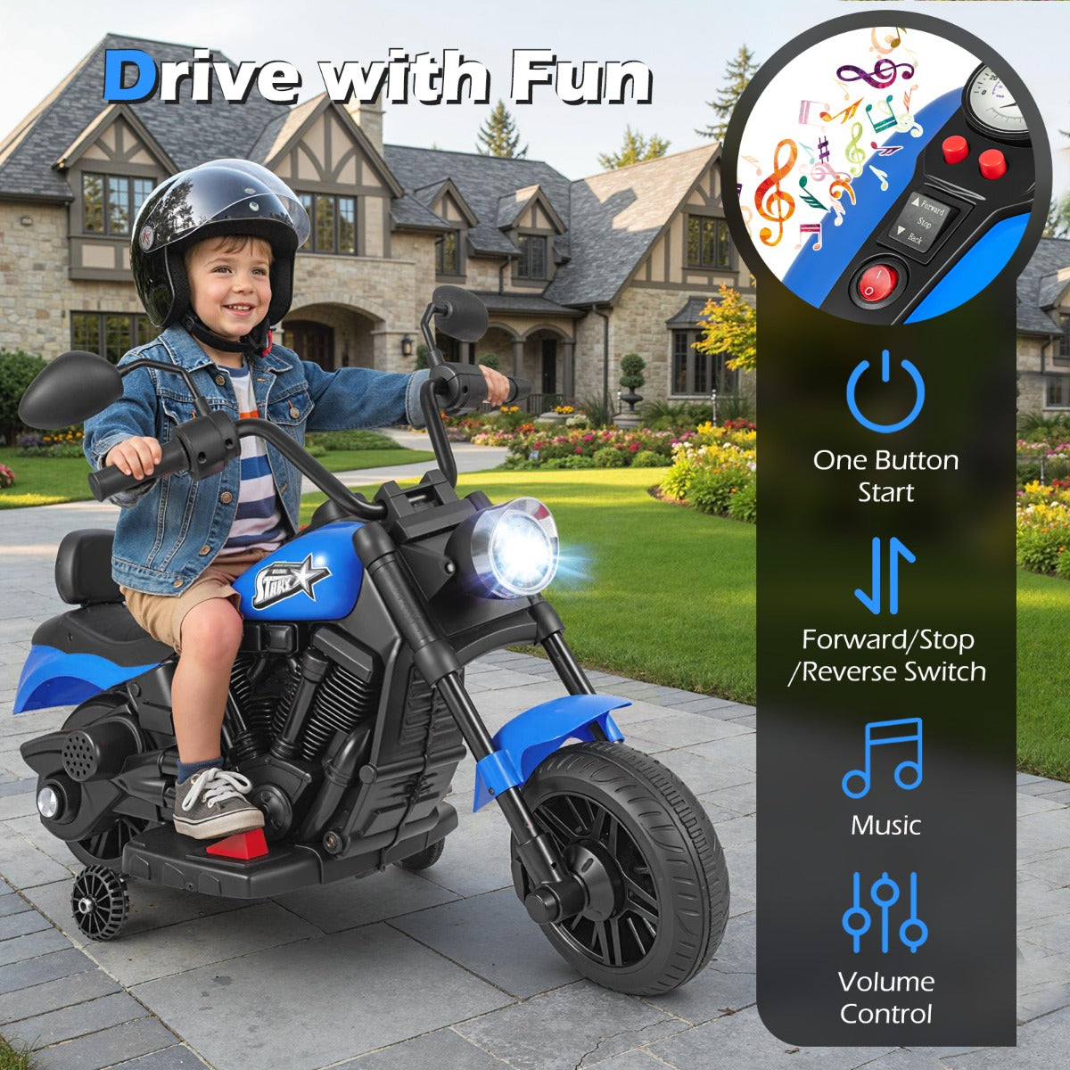 LIVSK Elektrische Kindermotorfiets - Eenvoudige Bediening - Stabiel Driehoekig Frame - Verstelbare Stuur - Wit/Roze/Marineblauw