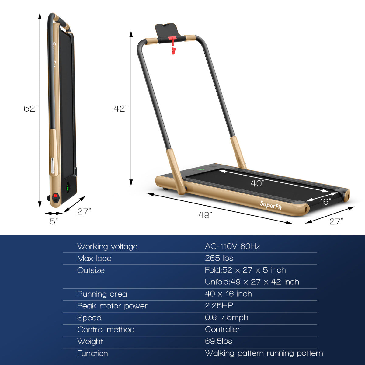 LIVSK Elektrische Loopband - 2,25HP Motor - LED Display - Bluetooth & APP Connectiviteit - Opvouwbaar - Champagne