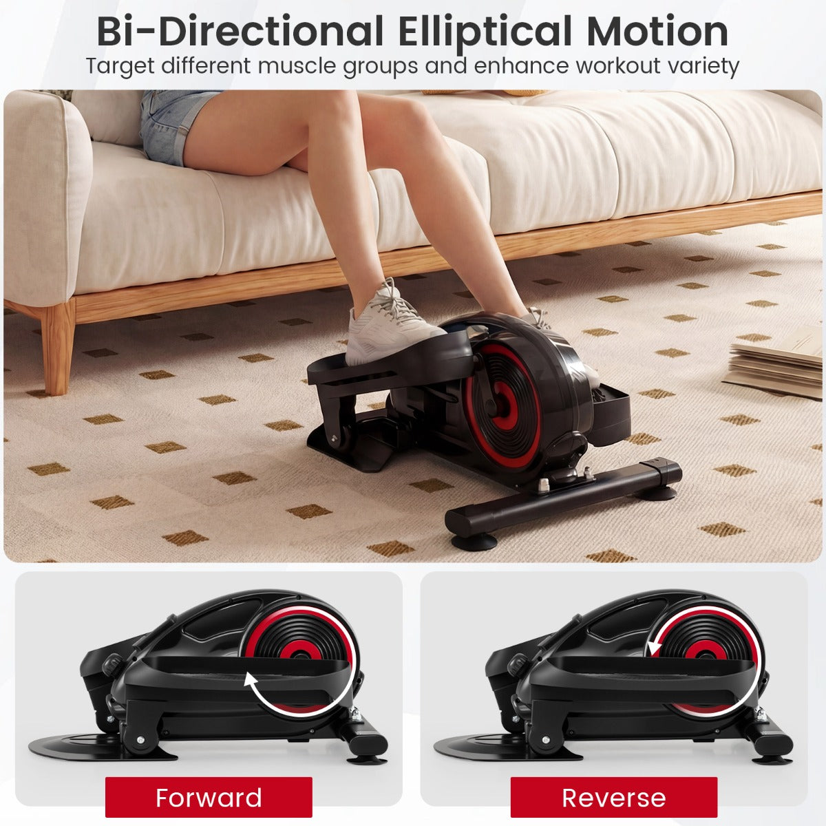 LIVSK Elliptische Trainer voor Onder het Bureau - Magnetische Weerstand - Ultrastil - Compact Ontwerp - Rood en Zwart
