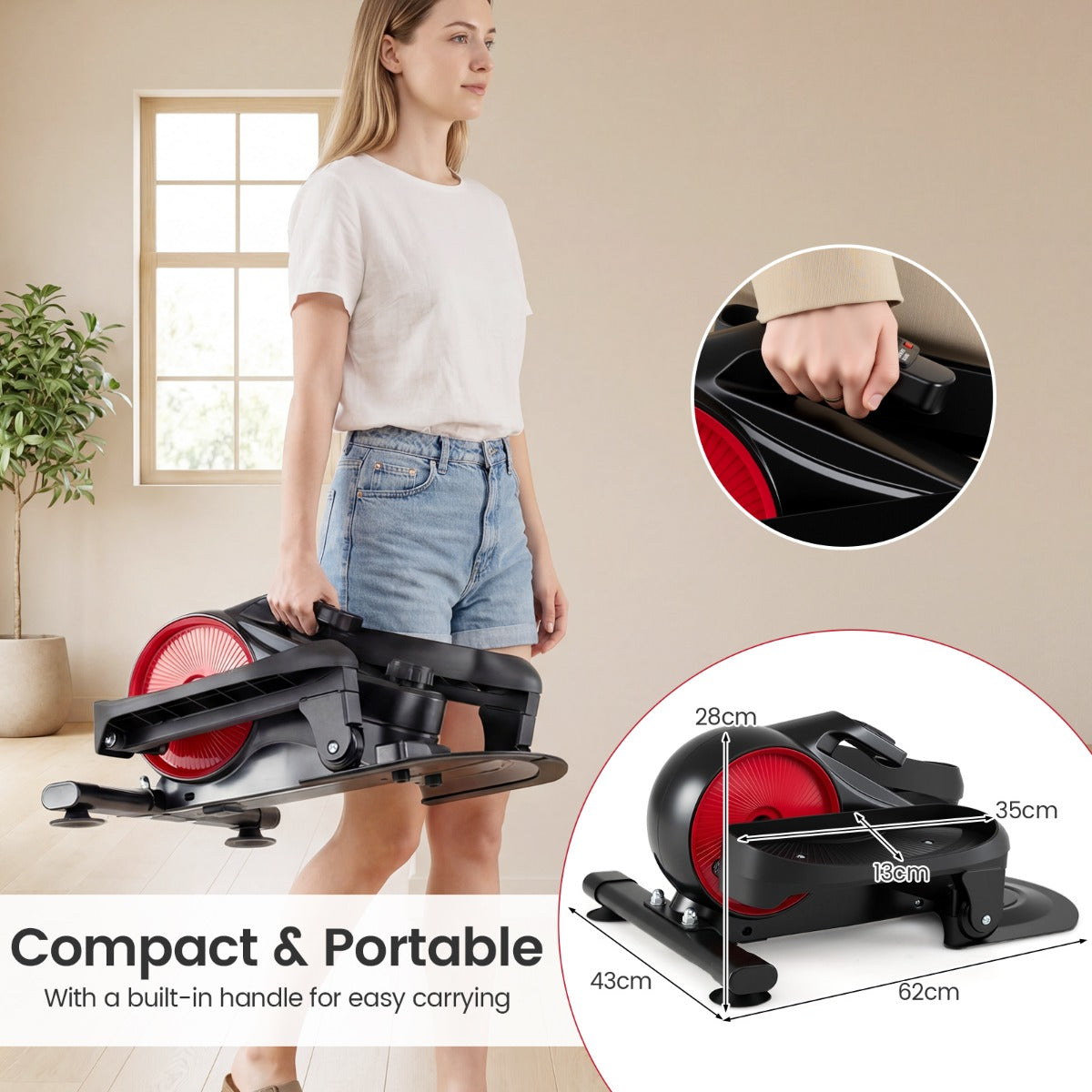 LIVSK Elliptische Trainer voor Onder het Bureau - Ultrastil - Magnetische Weerstand - Draagbaar Ontwerp - LCD-scherm - Rood en