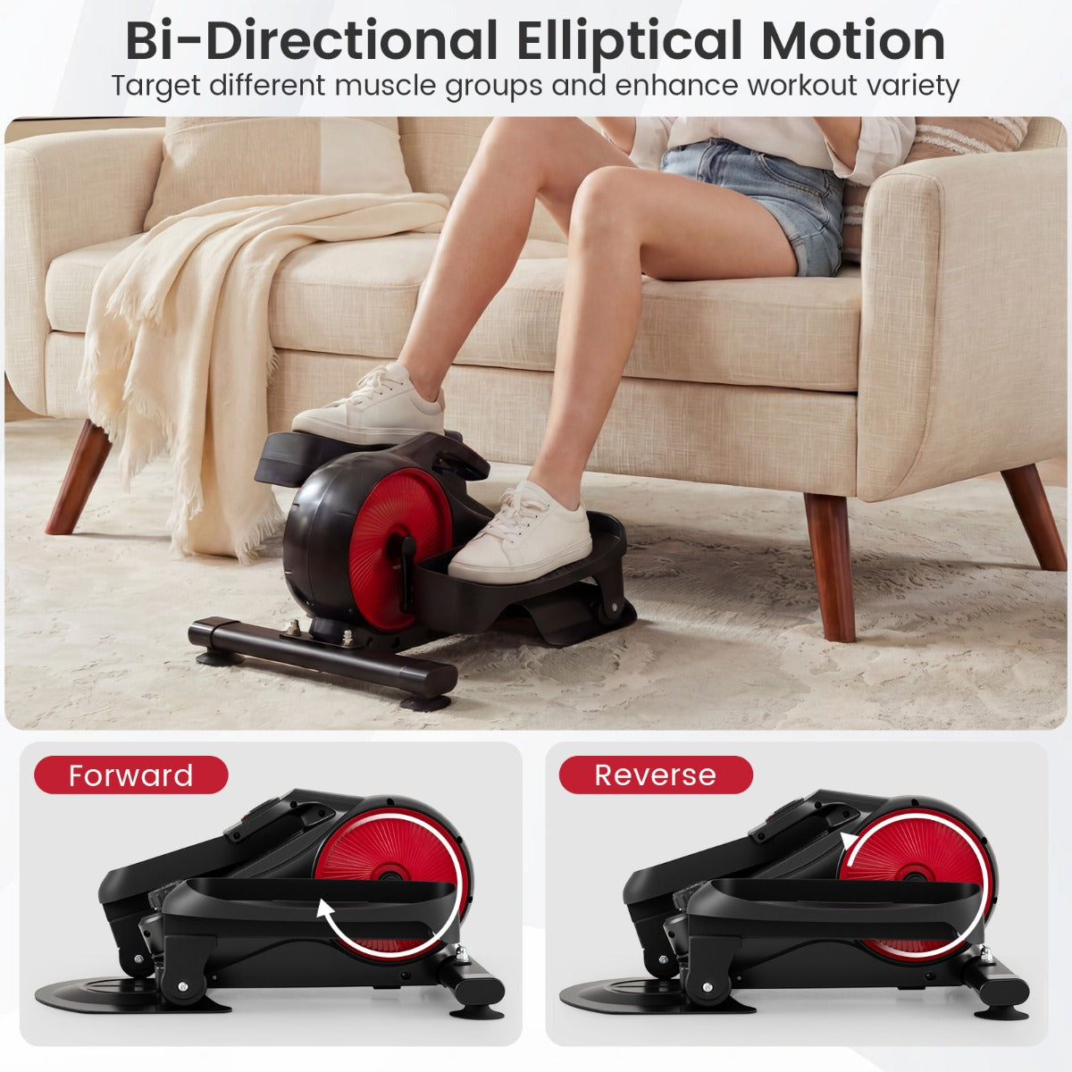 LIVSK Elliptische Trainer voor Onder het Bureau - Ultrastil - Magnetische Weerstand - Draagbaar Ontwerp - LCD-scherm - Rood en