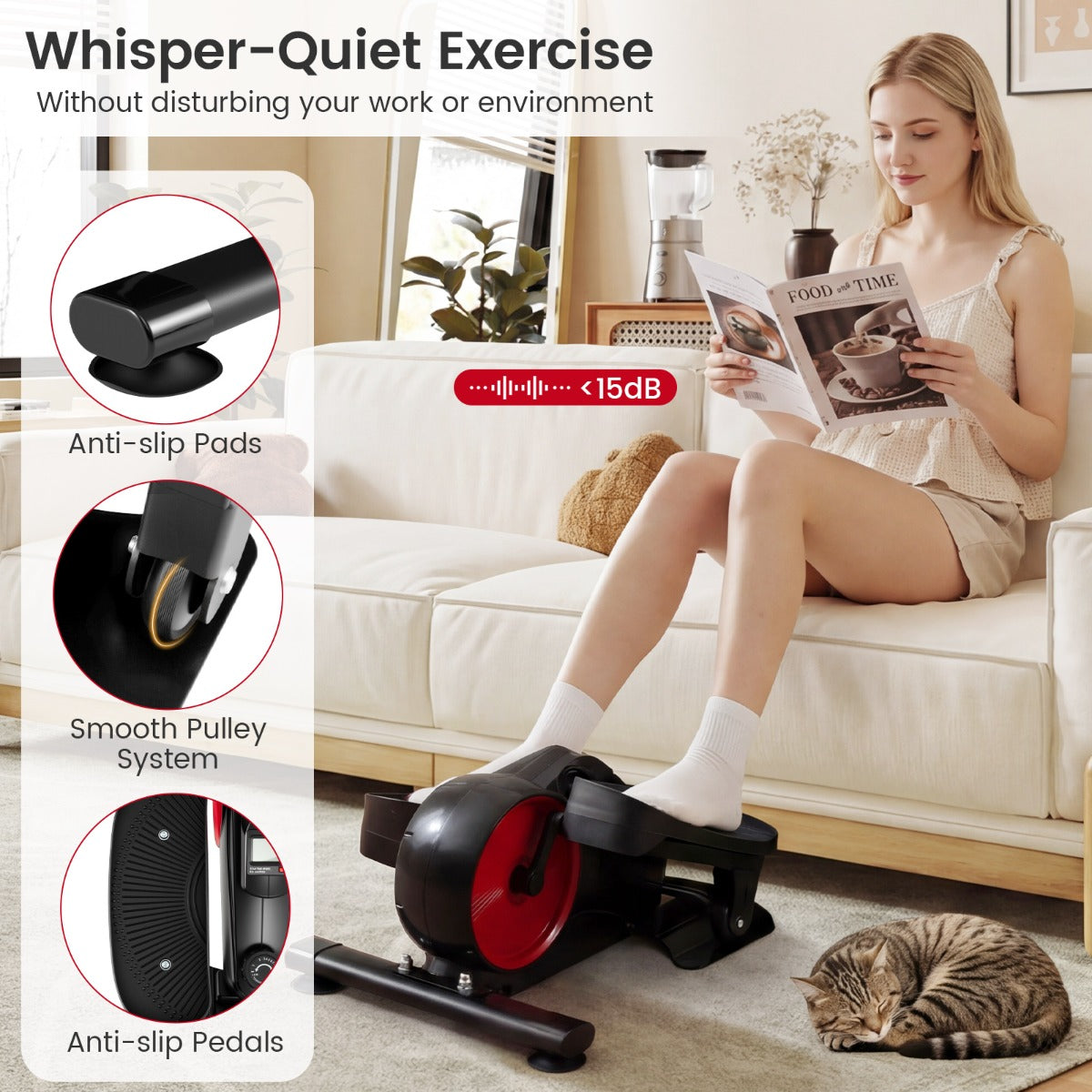 LIVSK Elliptische Trainer voor Onder het Bureau - Ultrastil - Magnetische Weerstand - Draagbaar Ontwerp - LCD-scherm - Rood en