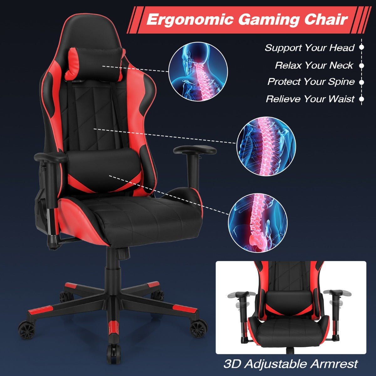 LIVSK Ergonomische Gamingstoel - Verstelbare Rugleuning 90˚-160˚ - 360˚ Draaibaar - 3D-armsteun - Rood & Zwart