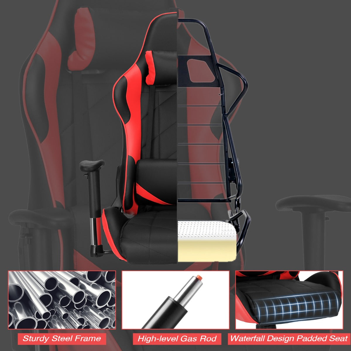 LIVSK Ergonomische Gamingstoel - Verstelbare Rugleuning 90˚-160˚ - 360˚ Draaibaar - 3D-armsteun - Rood & Zwart