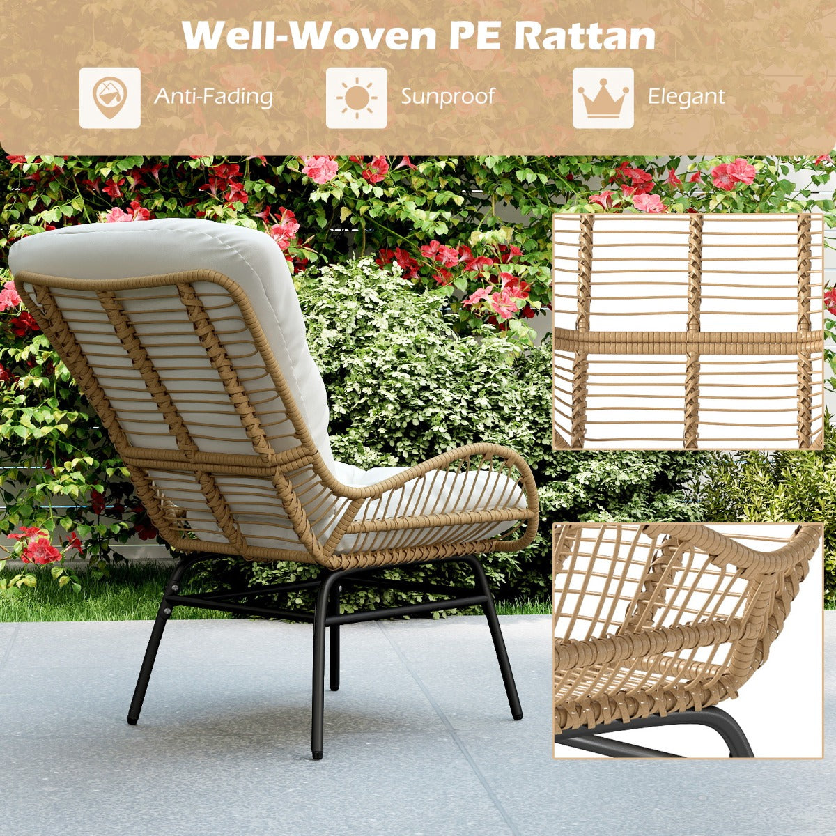 LIVSK Ergonomische Rotanstoel - Hoogwaardig PE-Rotan - Comfortabel Lang Kussen - Tot 180 kg - Voor Binnen en Buiten - Naturel