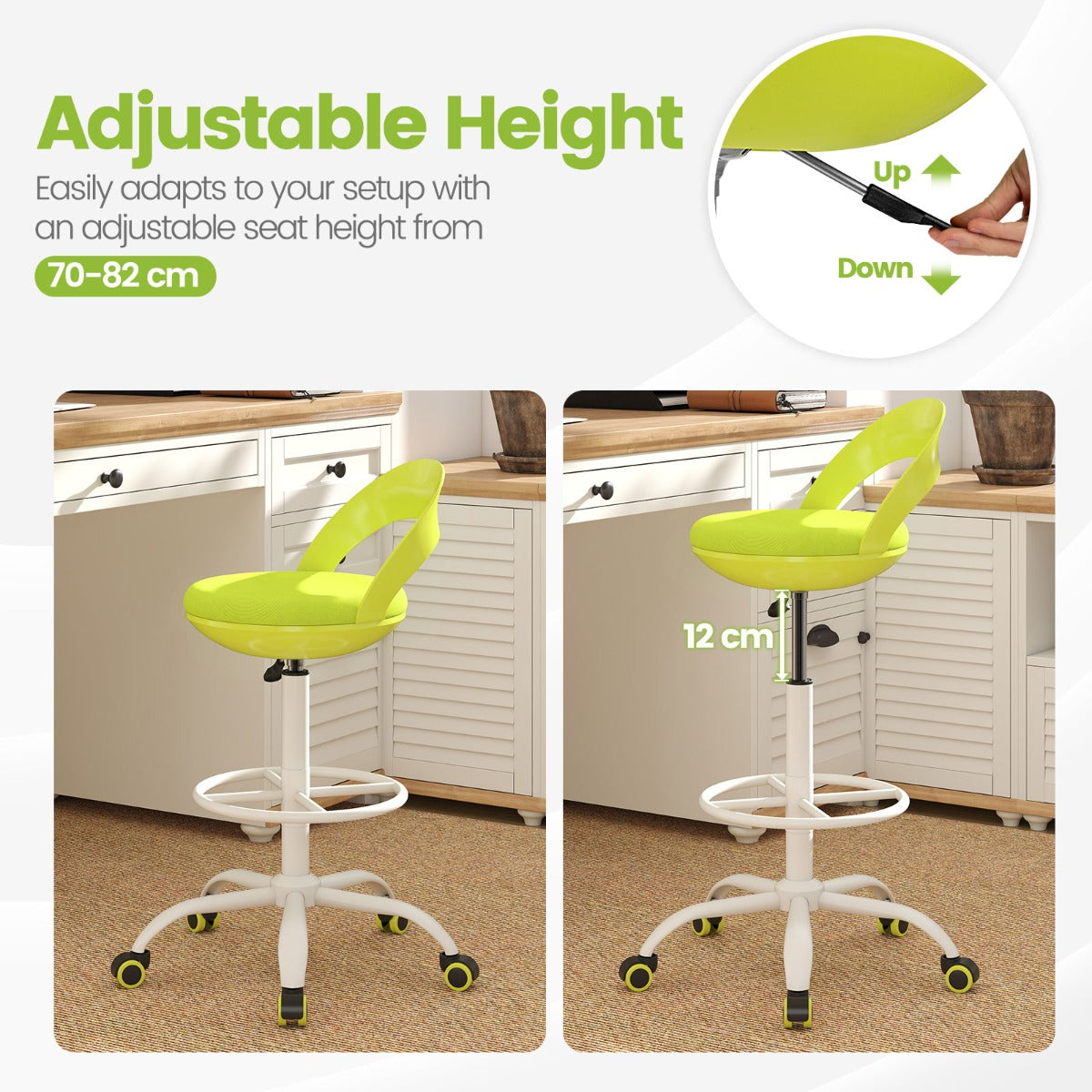 LIVSK Ergonomische Werkkruk met 360° Zwenkwielen - In Hoogte Verstelbaar 70-82 cm - Ademend Mesh - Lendensteun - Zwart