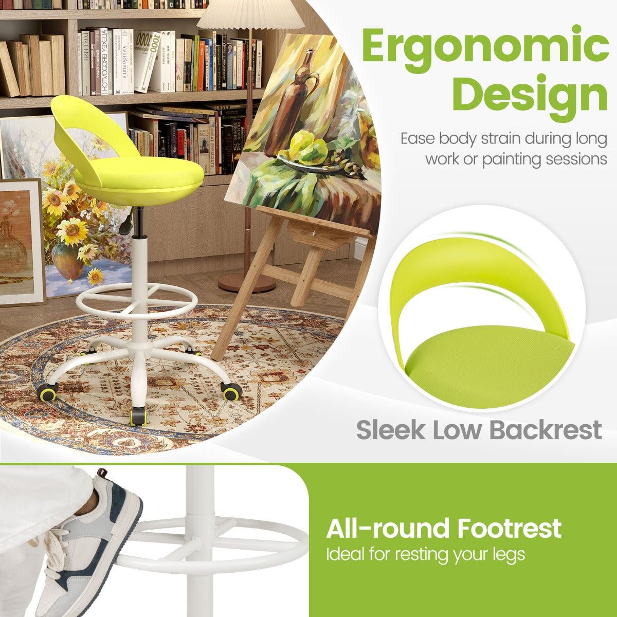 LIVSK Ergonomische Werkkruk met 360° Zwenkwielen - In Hoogte Verstelbaar 70-82 cm - Ademend Mesh - Lendensteun - Zwart