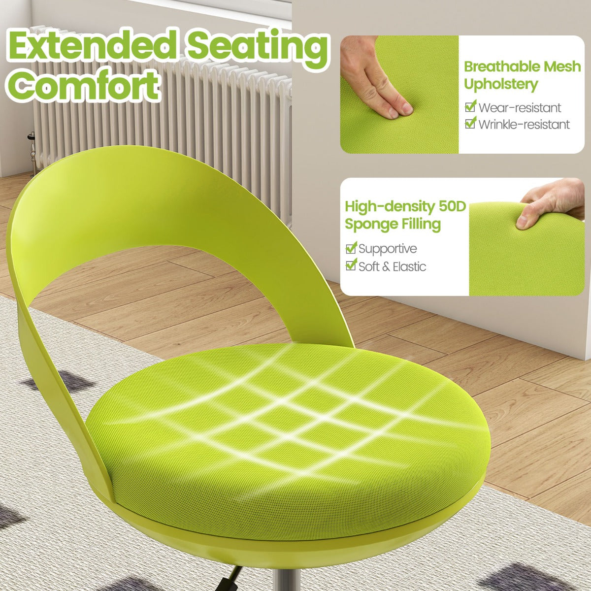 LIVSK Ergonomische Werkkruk met 360° Zwenkwielen - In Hoogte Verstelbaar 70-82 cm - Ademend Mesh - Lendensteun - Zwart