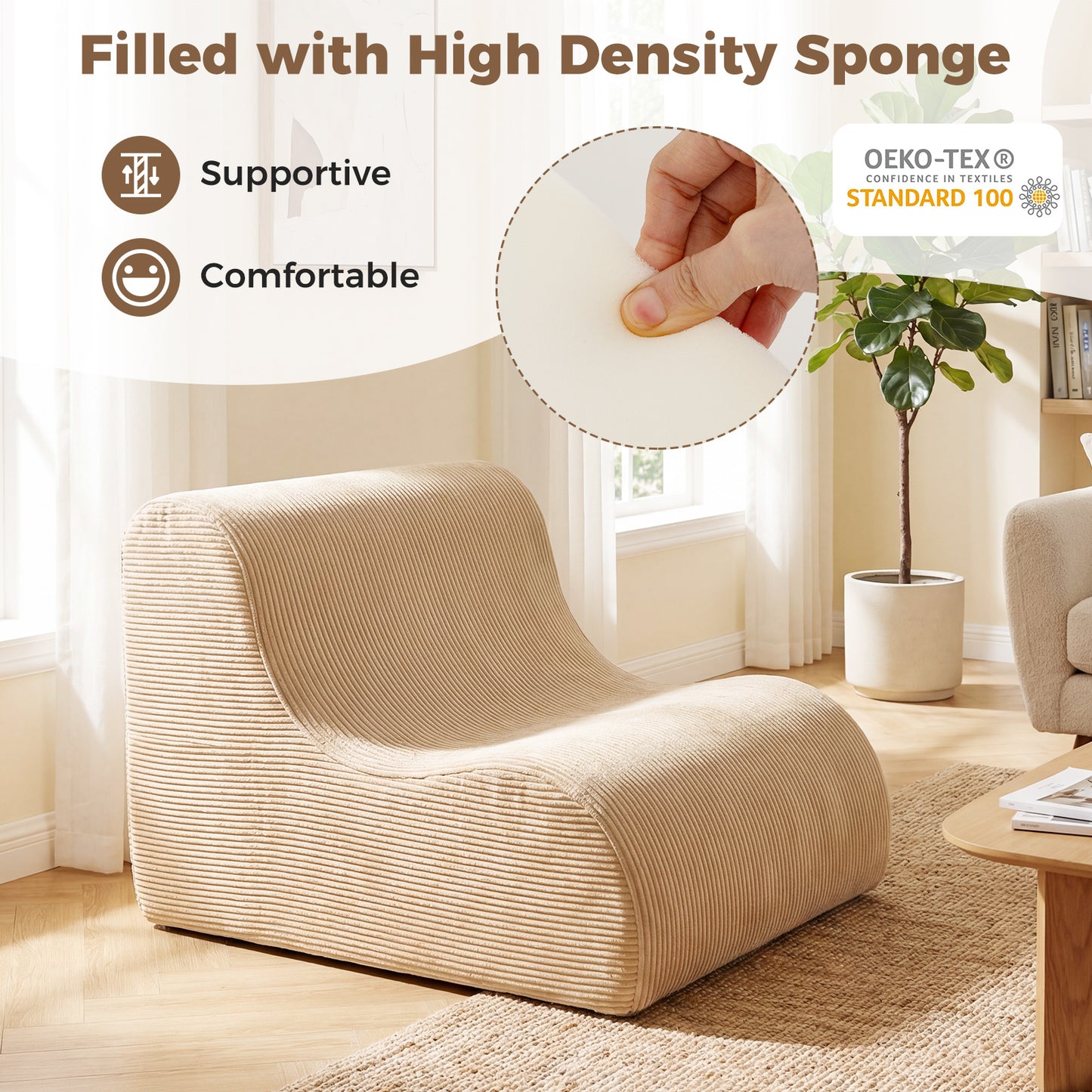 LIVSK Ergonomische Zitzak - Koraalfleece - Antislip Onderkant - Machinewasbare Hoes - Voor Woonkamer en Slaapkamer - Beige