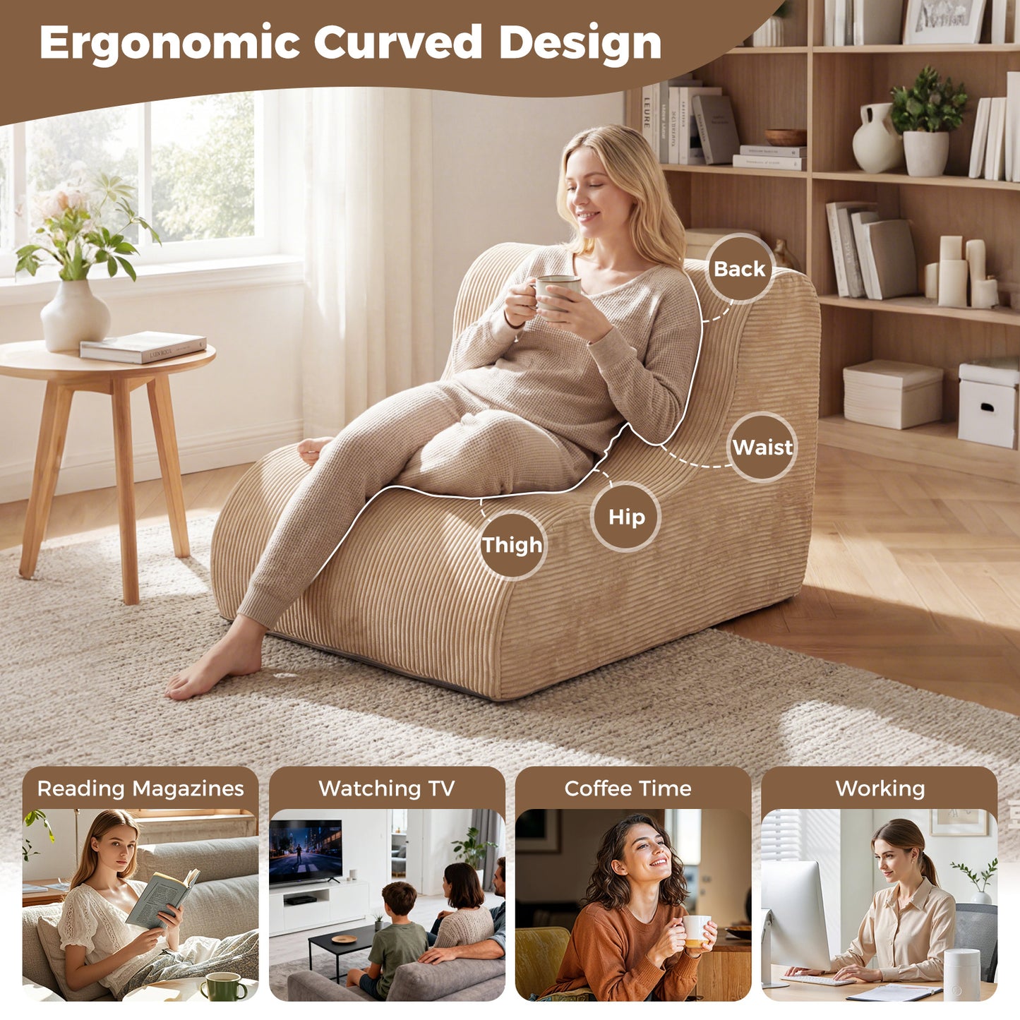 LIVSK Ergonomische Zitzak - Koraalfleece - Antislip Onderkant - Machinewasbare Hoes - Voor Woonkamer en Slaapkamer - Beige