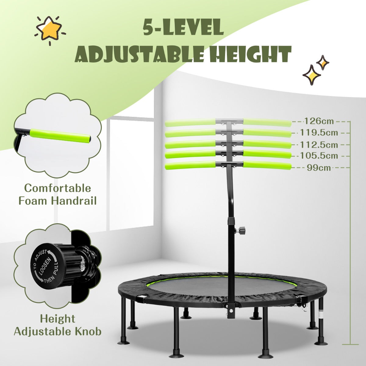 LIVSK Fitness Trampoline - Opvouwbaar met Verstelbare Handgreep - Geschikt voor Kinderen en Volwassenen - Tot 100 kg - Groen