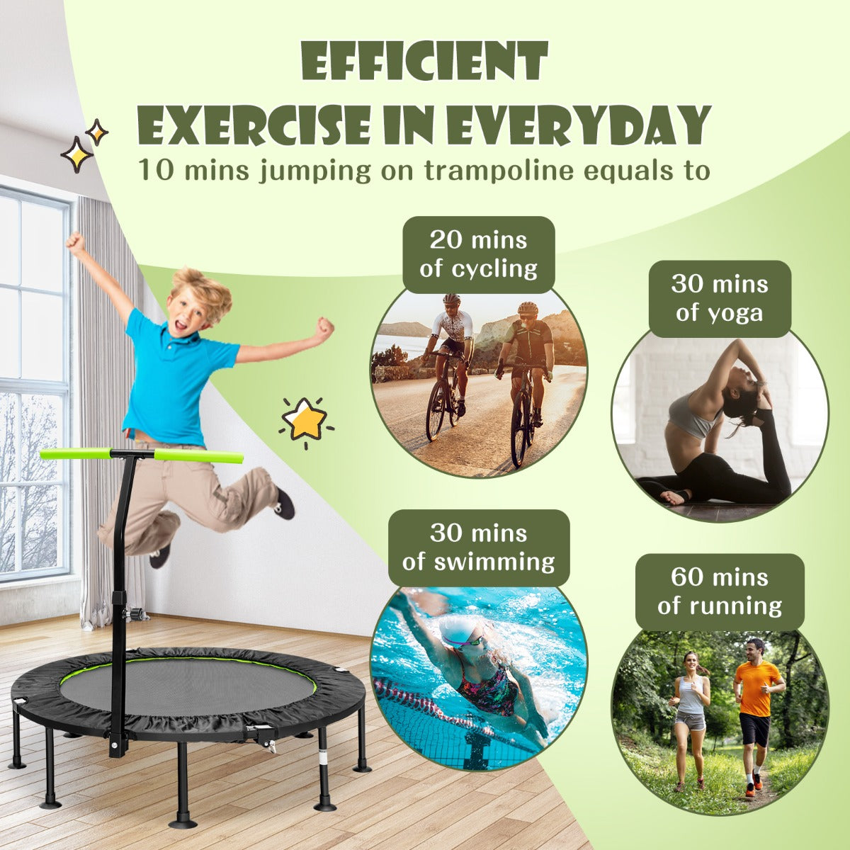 LIVSK Fitness Trampoline - Opvouwbaar met Verstelbare Handgreep - Geschikt voor Kinderen en Volwassenen - Tot 100 kg - Groen