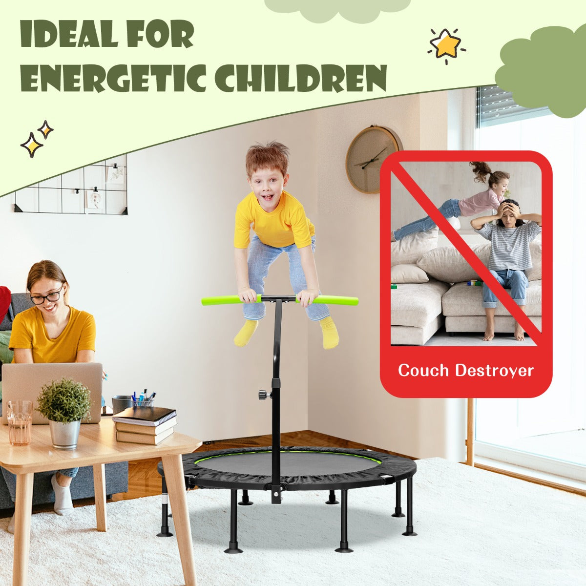 LIVSK Fitness Trampoline - Opvouwbaar met Verstelbare Handgreep - Geschikt voor Kinderen en Volwassenen - Tot 100 kg - Groen