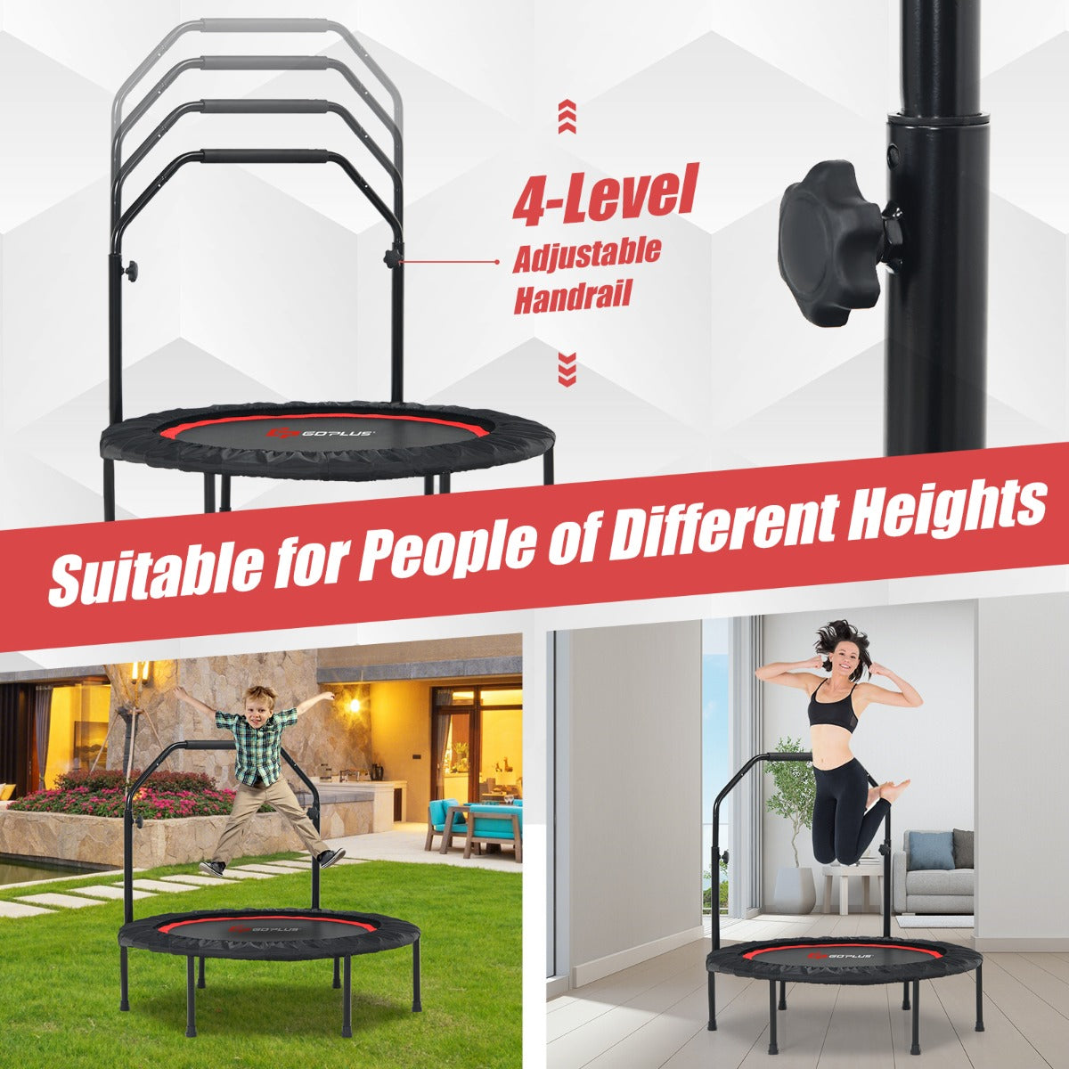 LIVSK Fitness-Trampoline - Opvouwbaar met Verstelbare Handgreep - Inclusief 2 Weerstandsbanden - Draagvermogen 150 kg - Rood