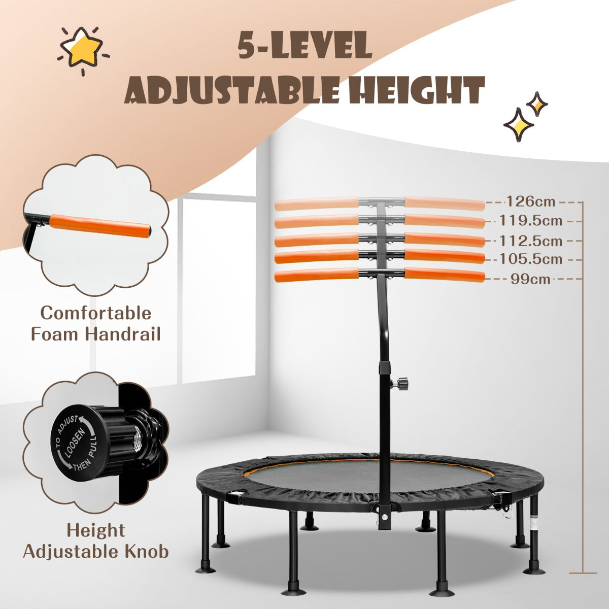 LIVSK Fitness Trampoline - Verstelbare Handgreep - Opvouwbaar & Draagbaar - Duurzaam met PVC Beschermhoes - Tot 100 kg - Oranje