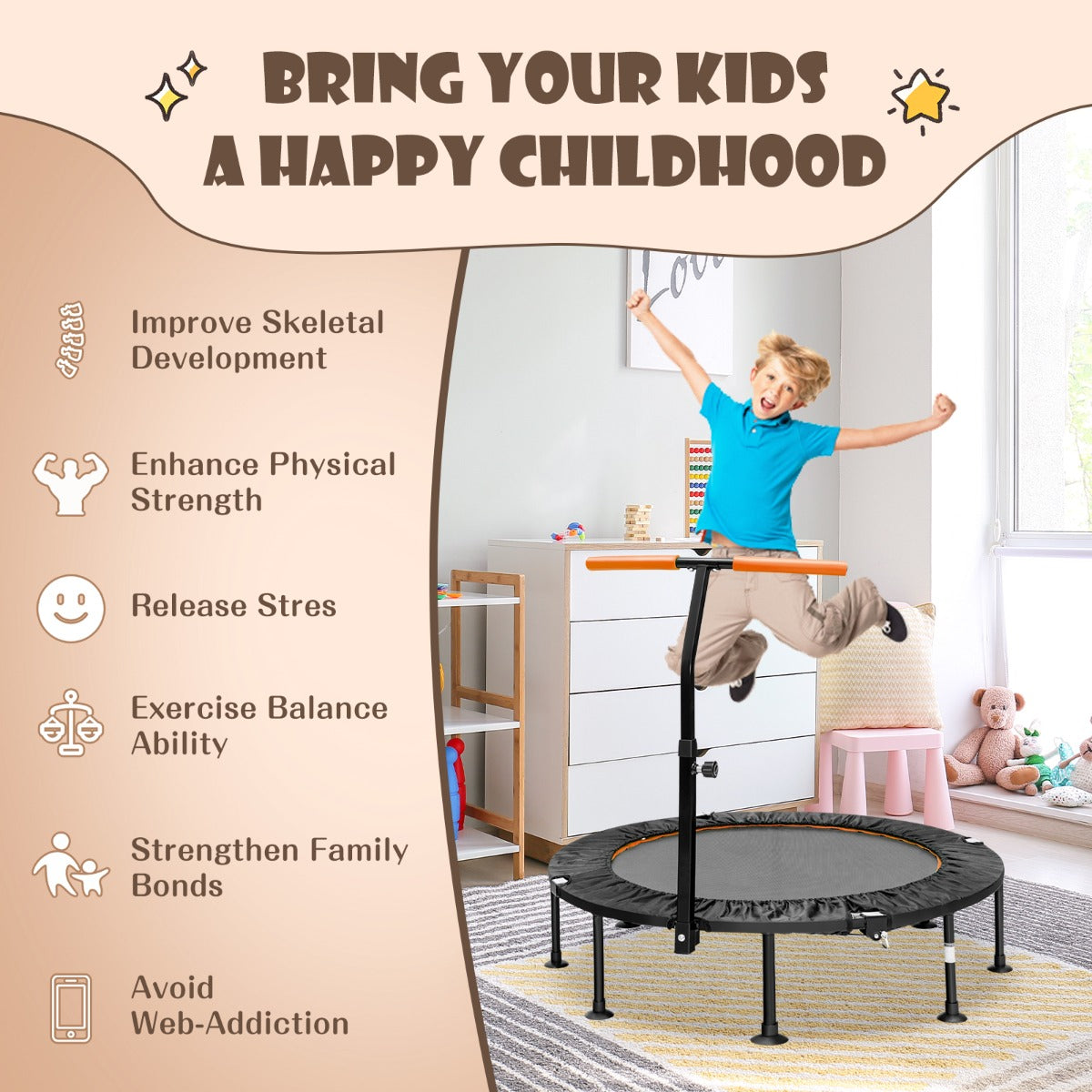 LIVSK Fitness Trampoline - Verstelbare Handgreep - Opvouwbaar & Draagbaar - Duurzaam met PVC Beschermhoes - Tot 100 kg - Oranje
