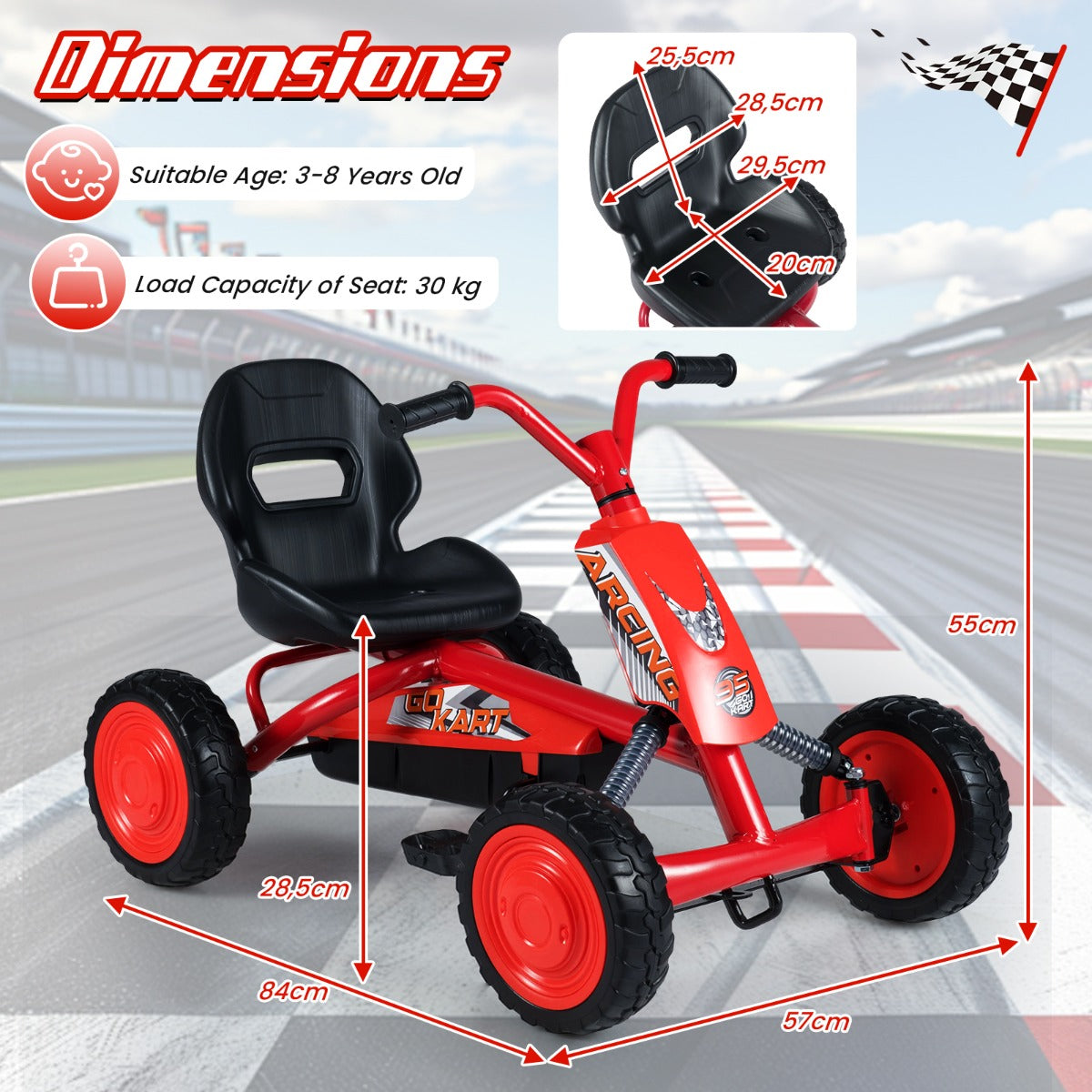 LIVSK Flexibele Gokart - Verstelbare Stoel - Robuust Metalen Frame - Pedaalaandrijving - Voor Kinderen 3-8 Jaar - Zwart/Rood