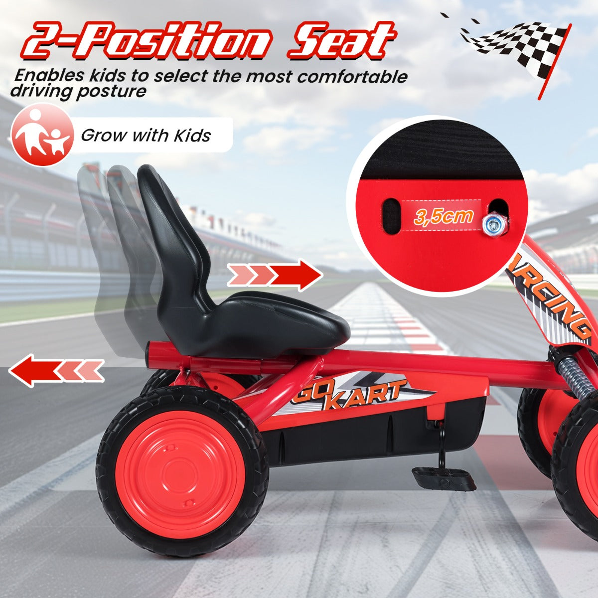 LIVSK Flexibele Gokart - Verstelbare Stoel - Robuust Metalen Frame - Pedaalaandrijving - Voor Kinderen 3-8 Jaar - Zwart/Rood