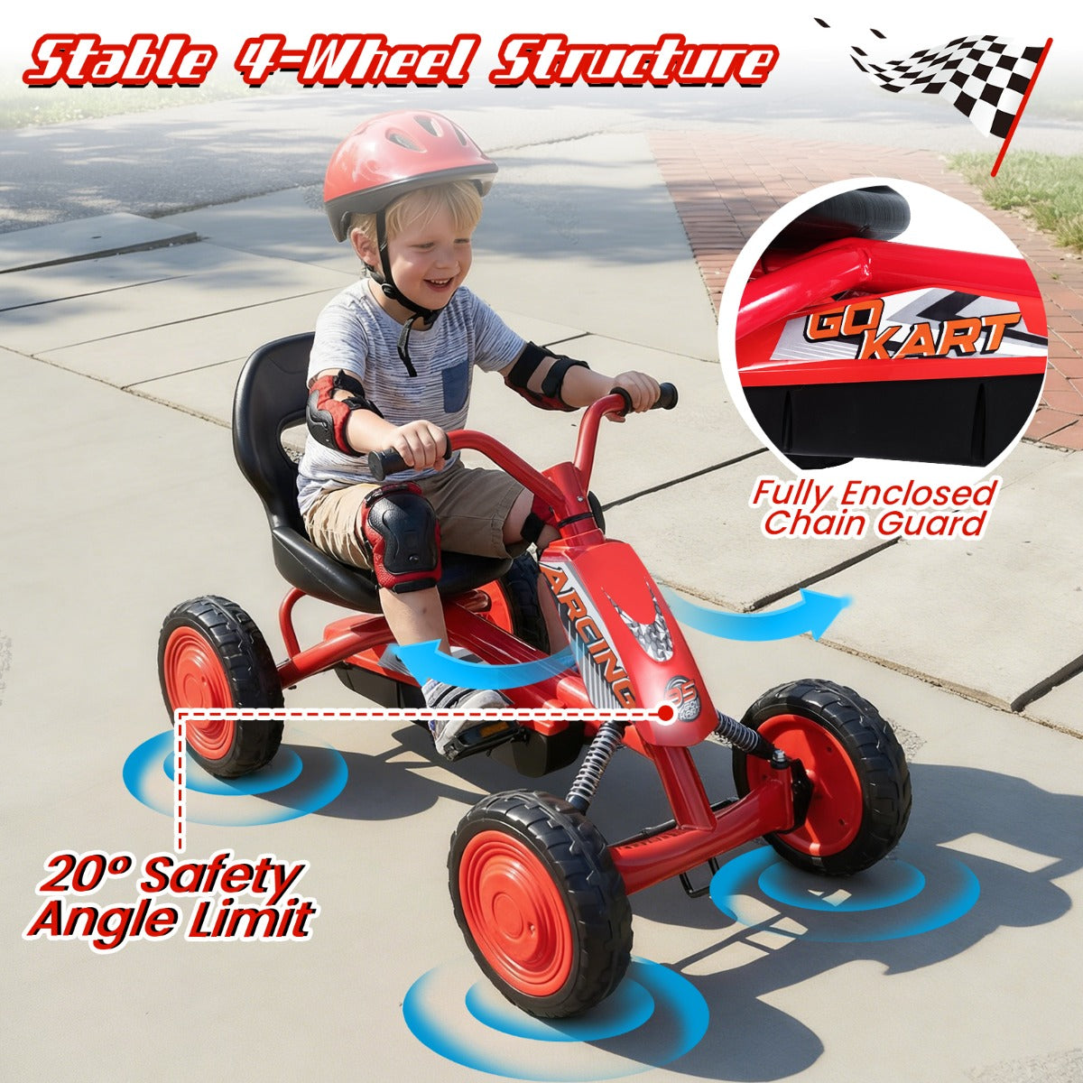 LIVSK Flexibele Gokart - Verstelbare Stoel - Robuust Metalen Frame - Pedaalaandrijving - Voor Kinderen 3-8 Jaar - Zwart/Rood