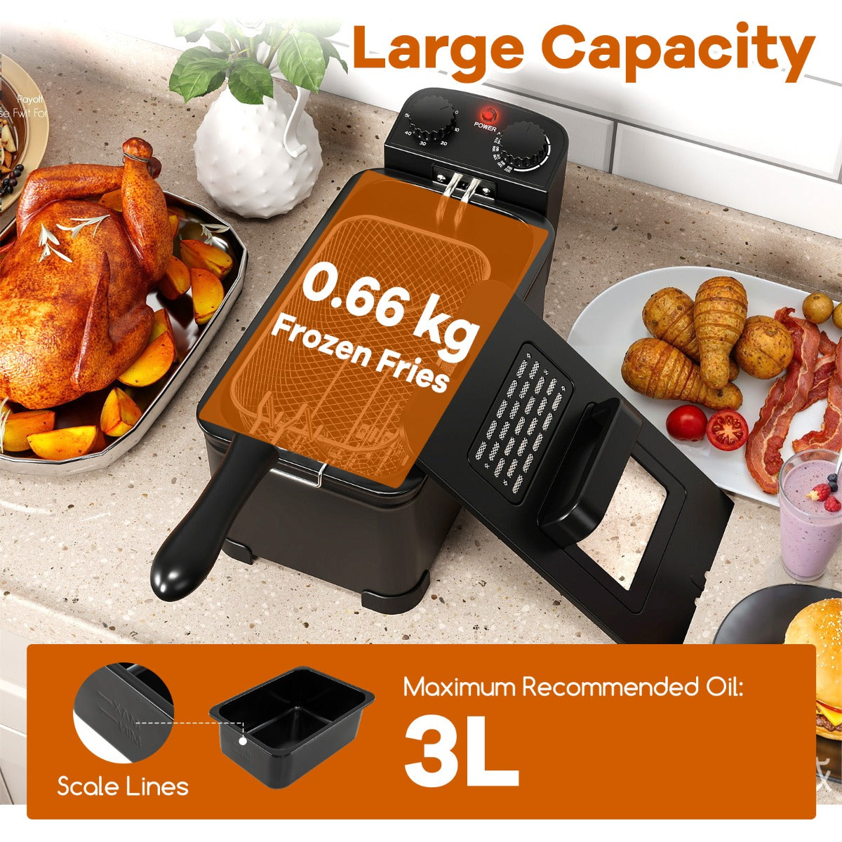 LIVSK Friteuse 2000 W - Roestvrijstalen Verwarming - Instelbare Thermostaat - Timer - Capaciteit 3 Liter - Zwart